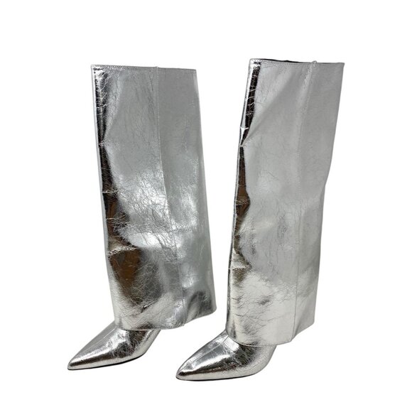 ZARA Womes Knee-High Metallic Silver Gaiter Boots Beyonce Concert Vibe Sz US 7.5